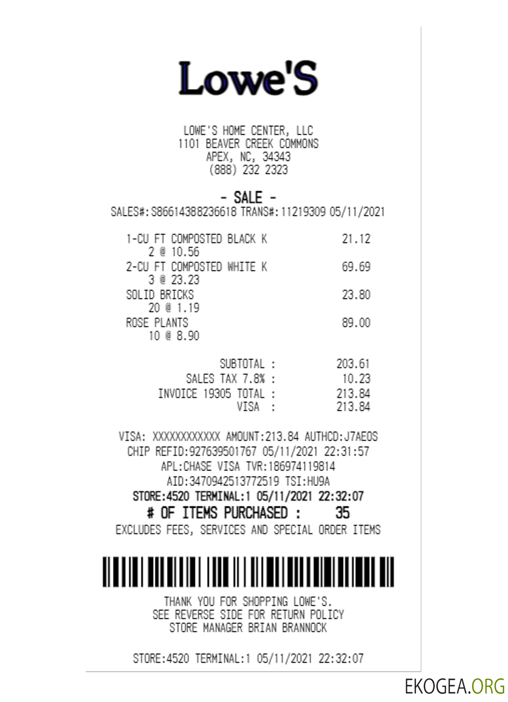 Reçu de paiement LOWE'S HOME CENTER